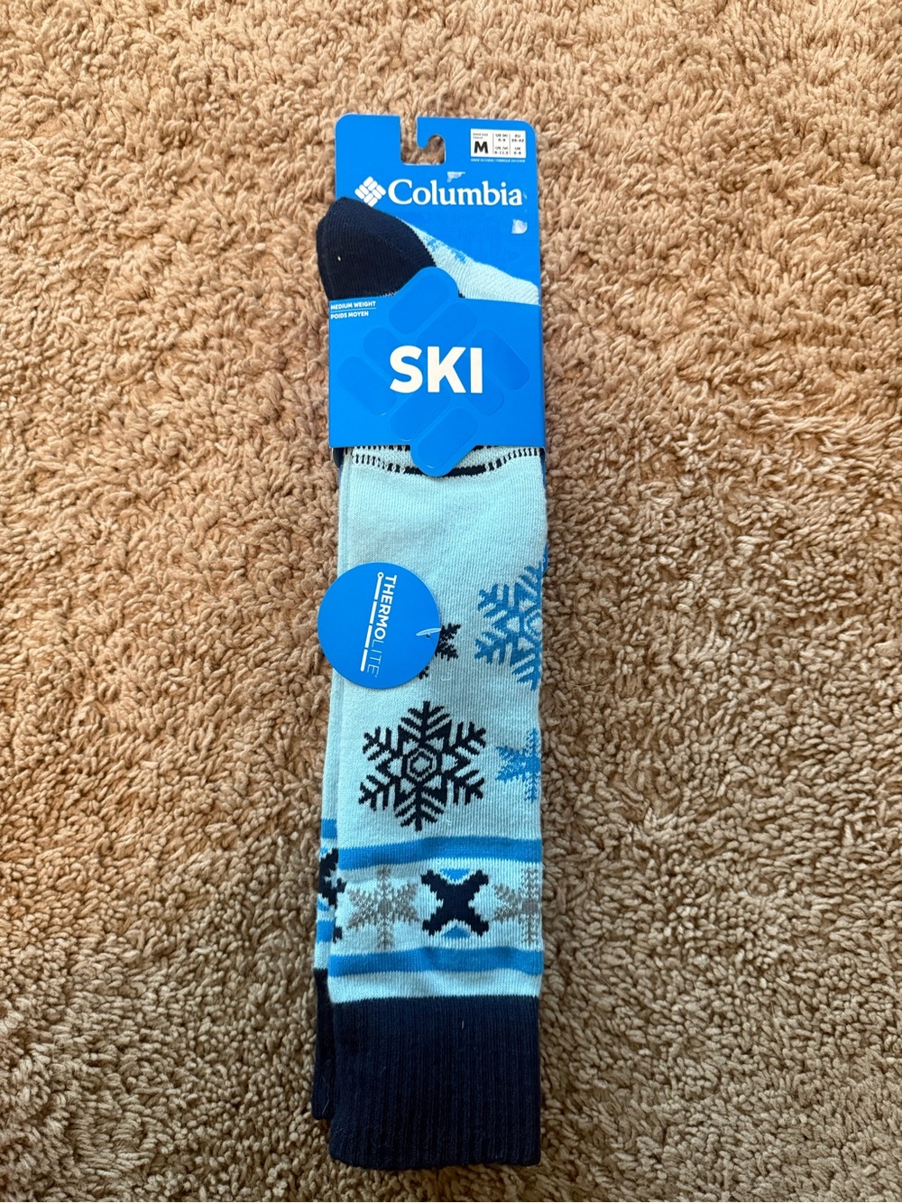 Columbia Light Blue and Navy Snowflake Ski Crew Socks